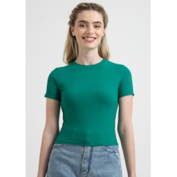 Blusa Básica Canelada Manga Curta Verde - Monjuá