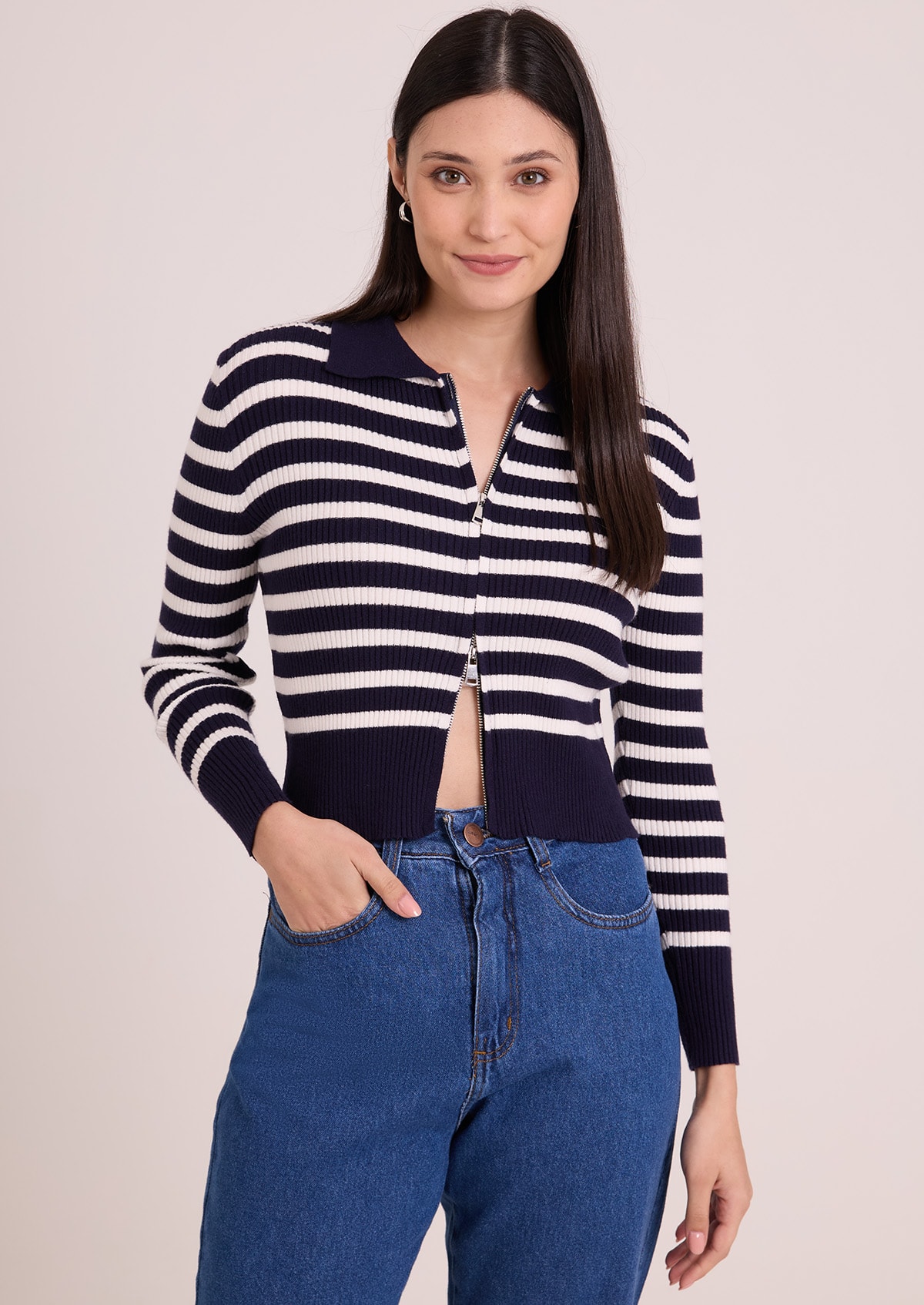 Blusa em Tricô Azul Marinho Listrado - Monjuá