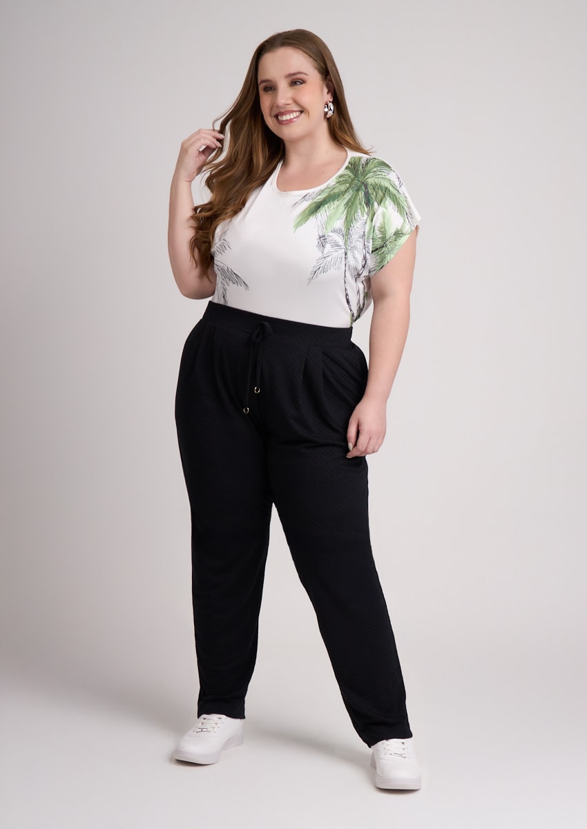 Calça Comfort Preta de Amarração Plus Size - Monjuá
