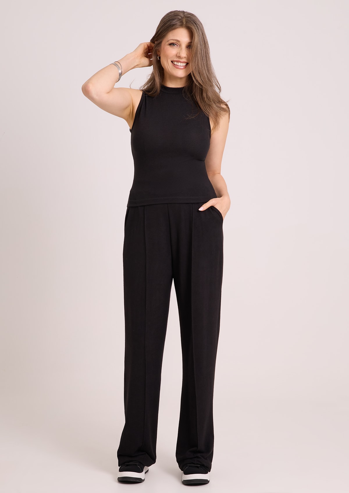 andarl Wide Leggings M ブラック　ロング Calça Wide Leg em Malha Preta - Monjuá