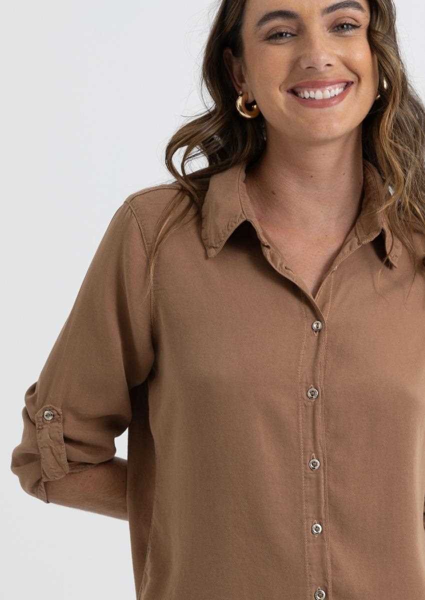 Camisa em Liocel Manga 3/4 Marrom - Monjuá