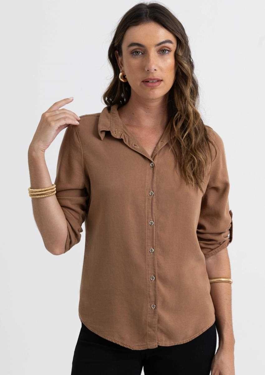 kolor 25SS 25SCM-B02104 シャツ Brown 3 Camisa em Liocel Manga 3/4 Marrom - Monjuá