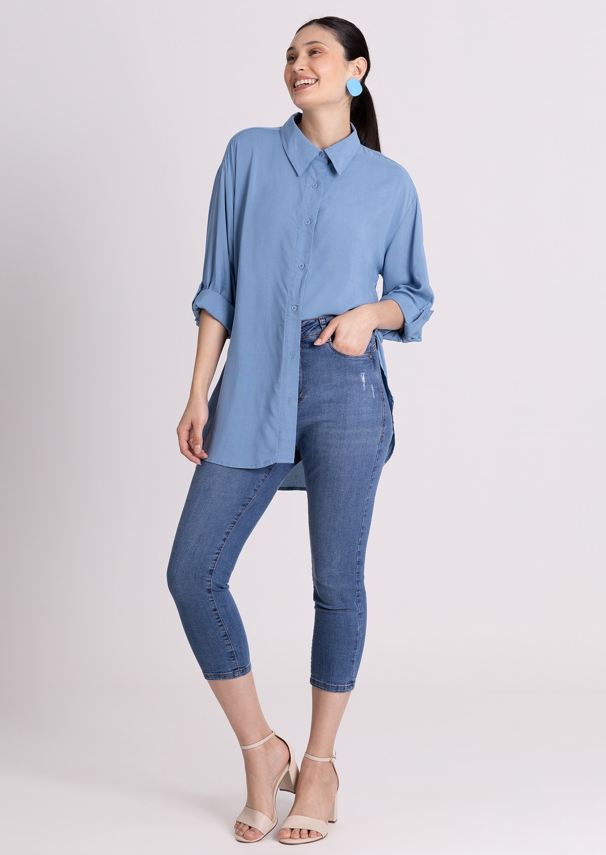 Camisa em Viscose Manga 3/4 Azul - Monjuá