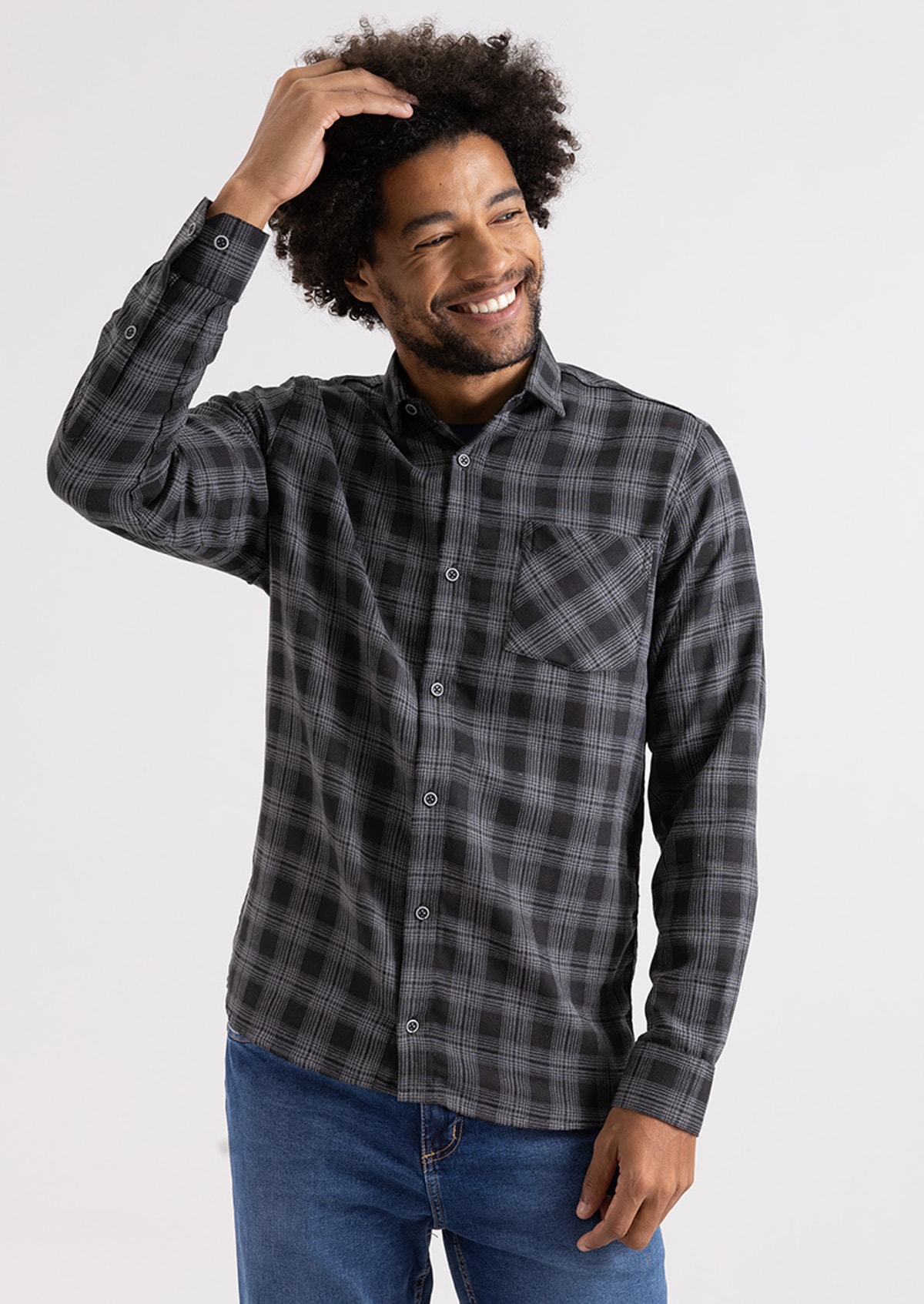Camisa Flanela Manga Longa Xadrez Cinza - Monjuá