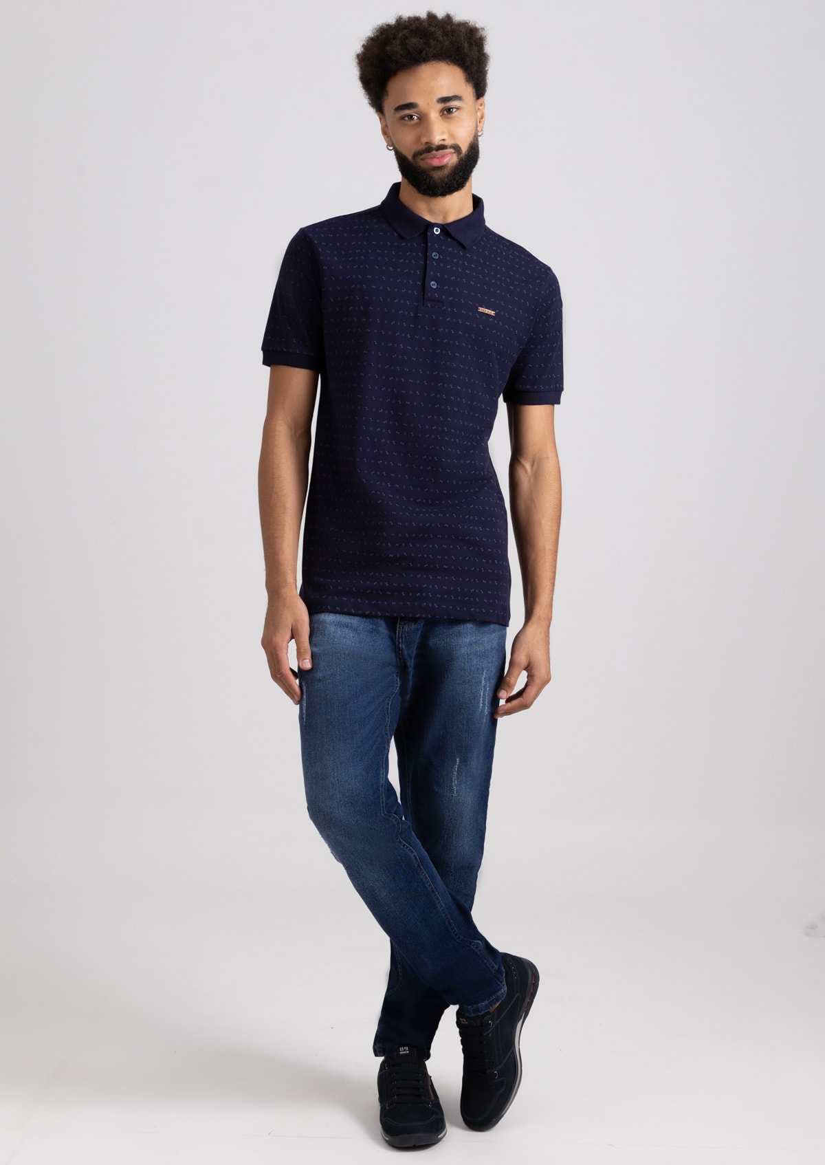 Camisa Polo Piquet Manga Curta Azul Marinho Estampada - Monjuá