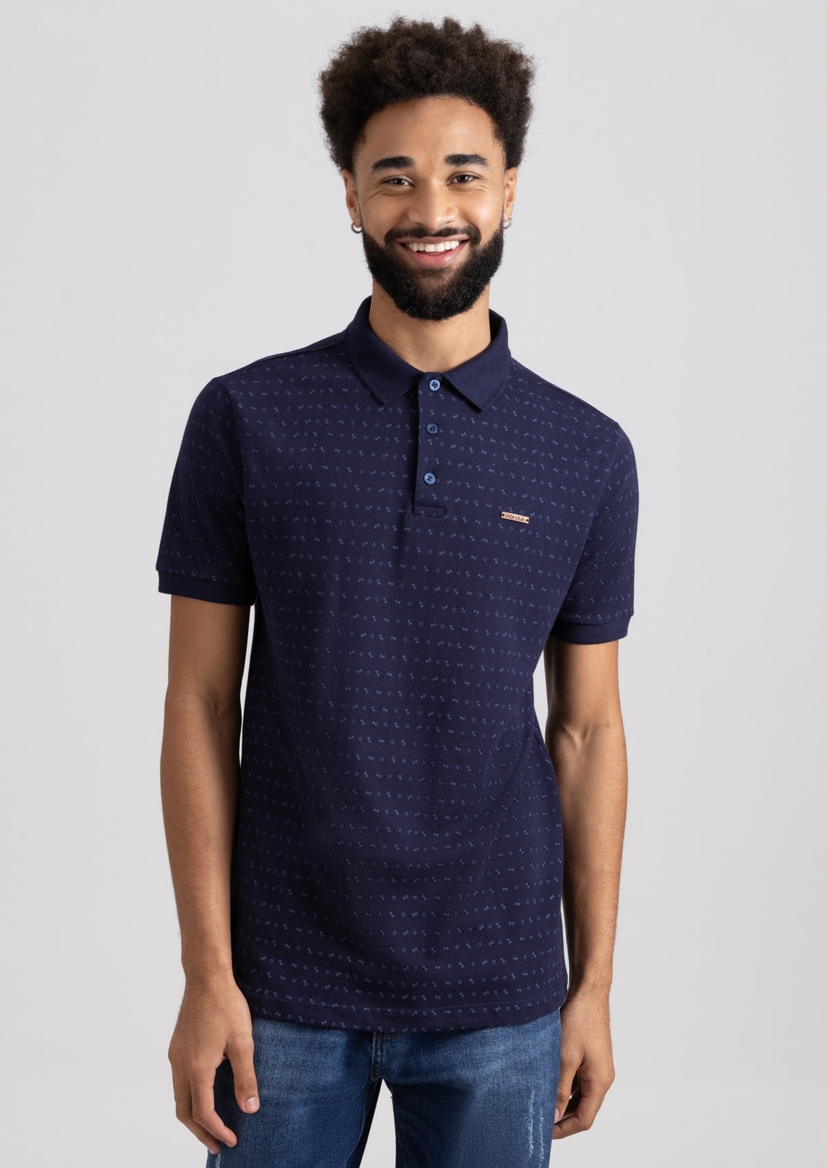 Camisa Polo Piquet Manga Curta Azul Marinho Estampada - Monjuá