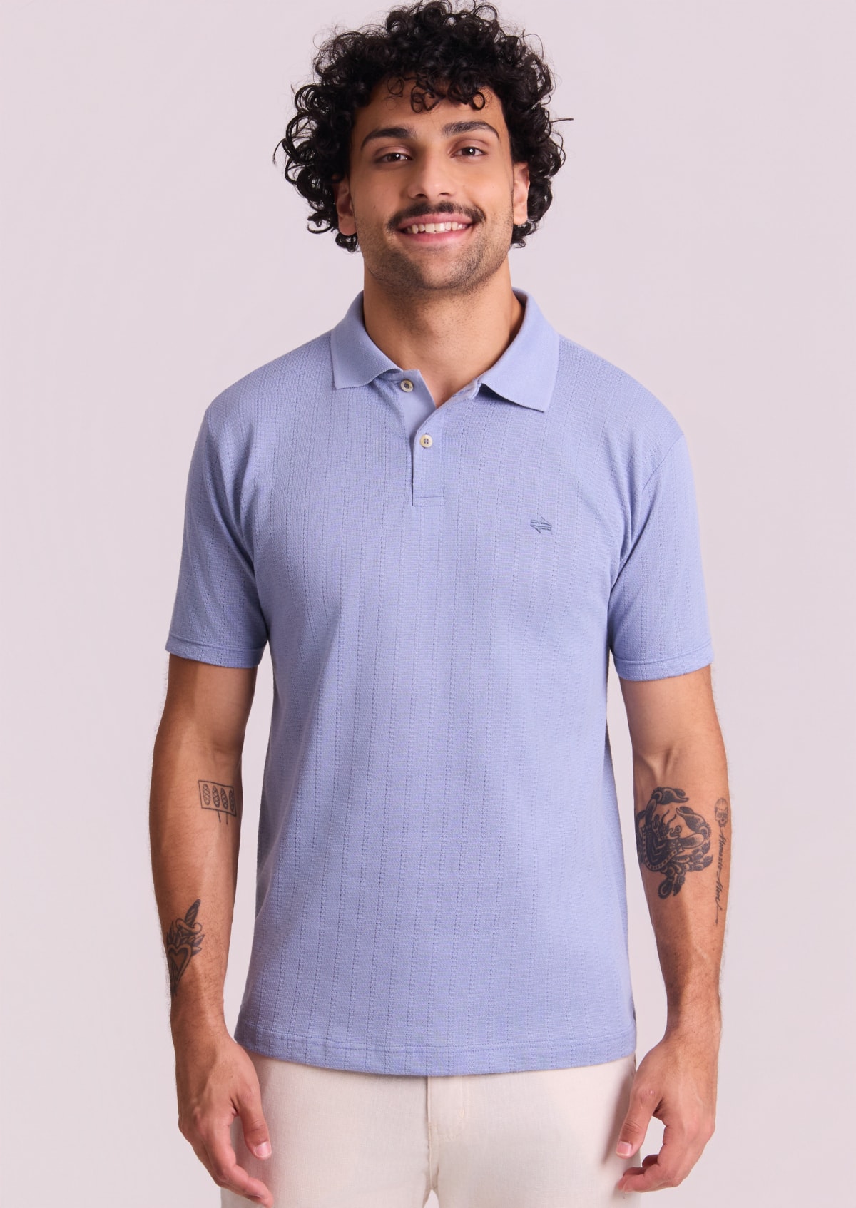 Camisa Polo Texturizada em Algodão Manga Curta Azul - Monjuá