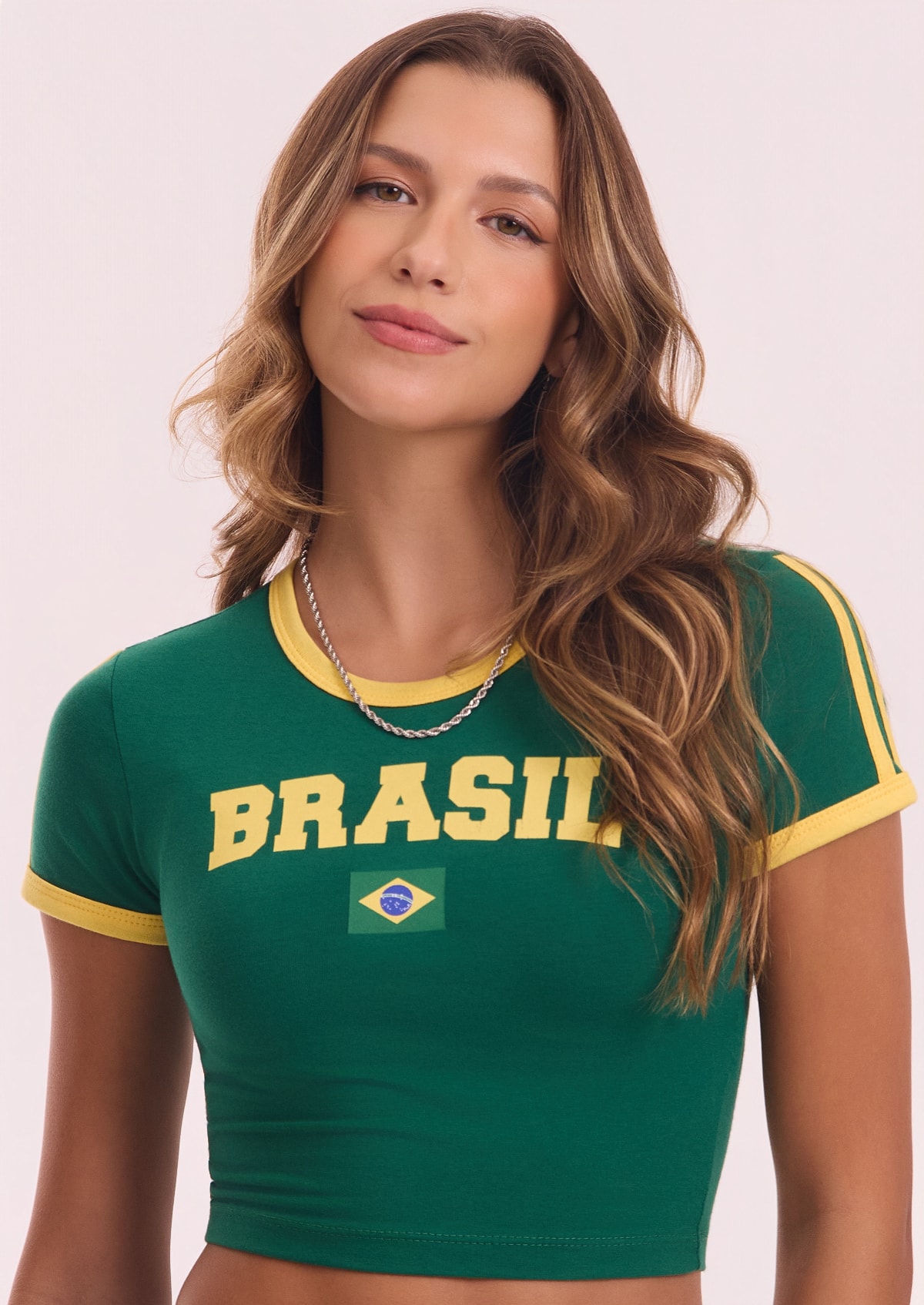 Camiseta Baby Tee Manga Curta Verde Estampa Brasil - Monjuá