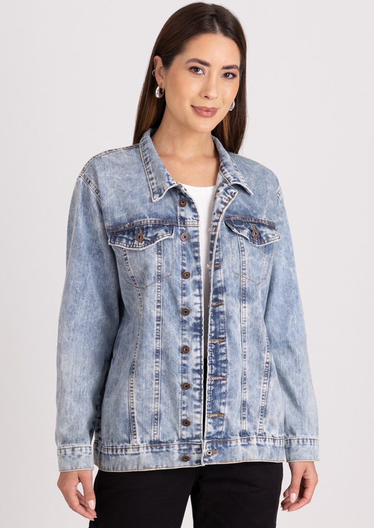 Jaqueta Oversized Jeans Marmorizado Estampada Terra Original - Monjuá