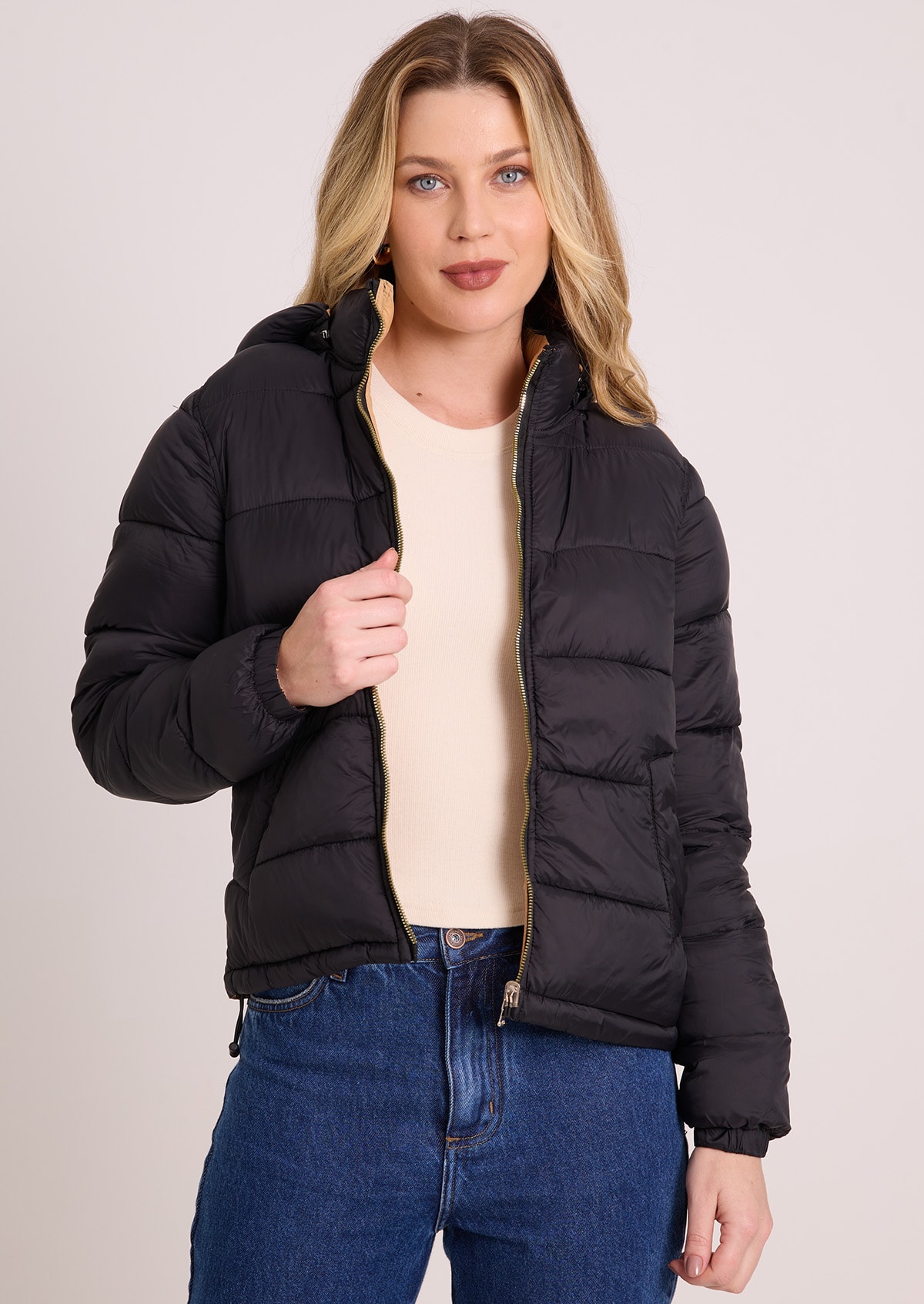 Jaqueta Puffer Dupla Face Preta e Bege com Capuz - Monjuá