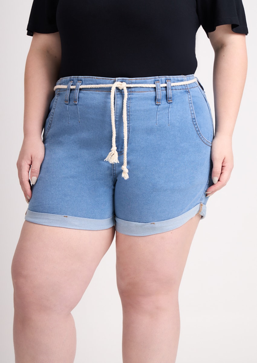 ブルーナ Short Jeans com Cordão e Barra Dobrada Plus Size - Monjuá